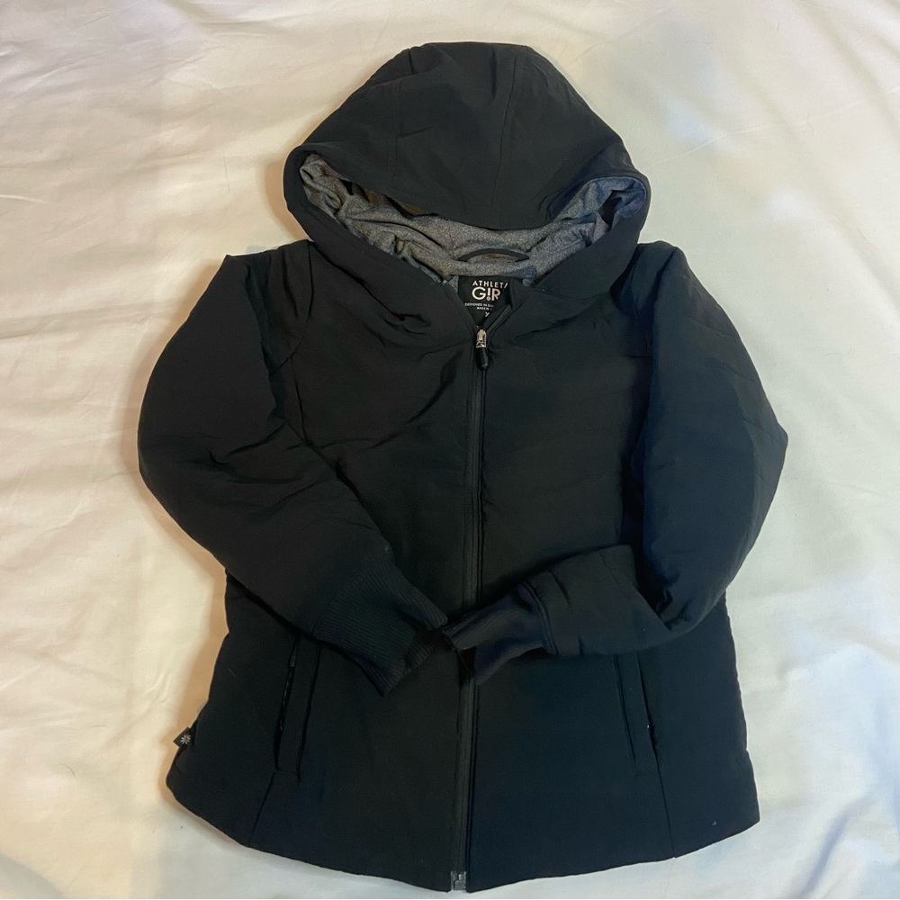 Athleta girl jacket with hood black gray lined full zip with pockets XS (6)